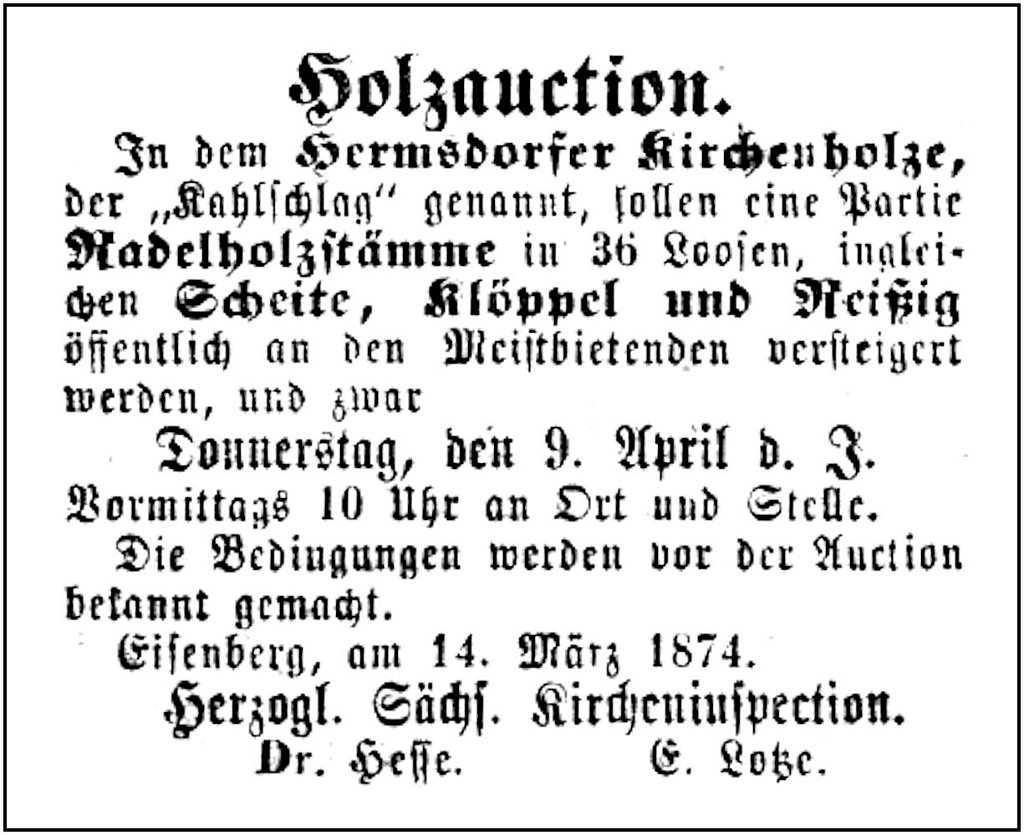 1874-03-14 Hdf Kirchenholz Versteigerung